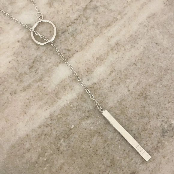 925 Sterling Silver Lariat Necklace Circle & Bar Drop Necklace Minimalist Chain - Picture 6 of 8